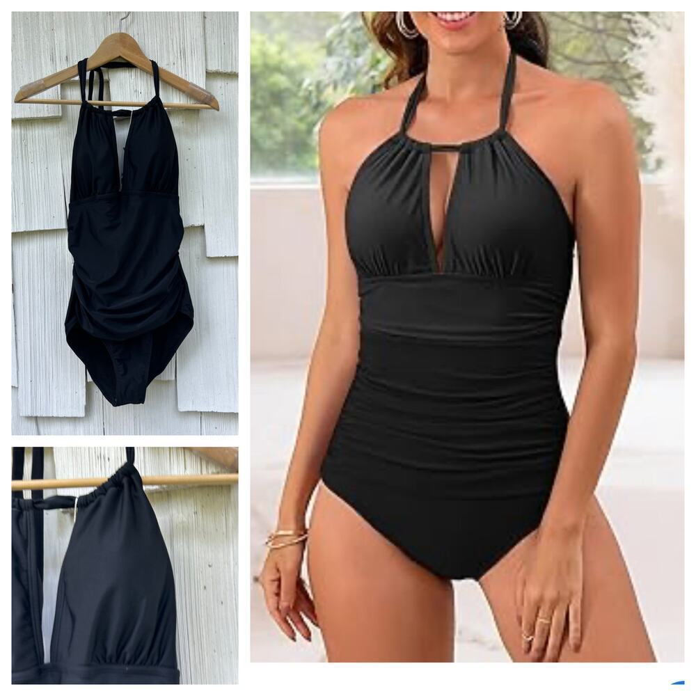 NWT EoMENIE Black One Piece Ruched Swimsuit Keyhole Tummy Control Size M‎